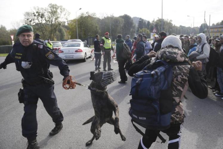 An-Austrian-policeman-with-a-dog-tries-to-maintain-order-after-mi